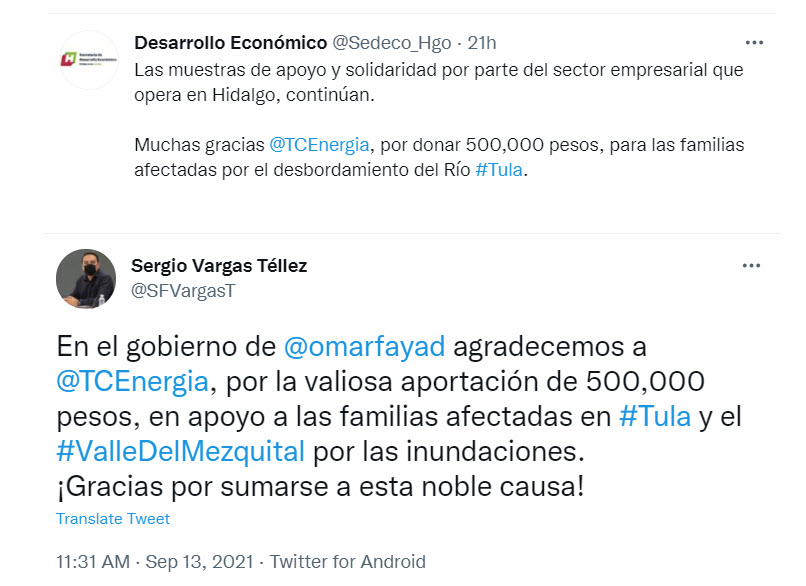 2021-09-14 TC Energía dona un millón de pesos a organizaciones gubernamentales ante inundaciones en Hidalgo 2.jpg